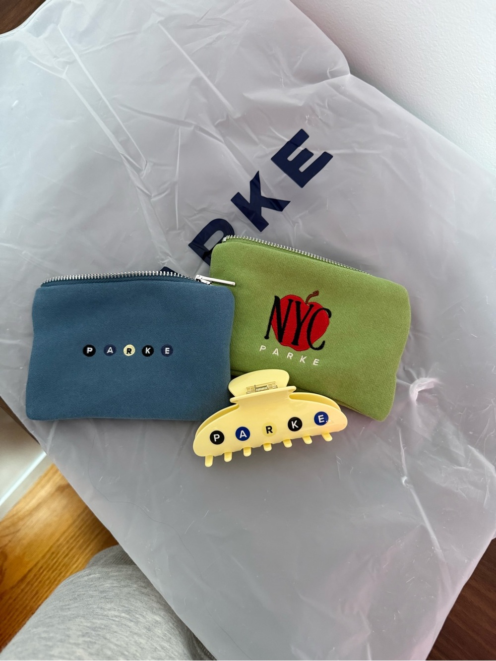 Parke NYC Pop-Up Green & Blue Pouches and Beige Subway Claw Clip